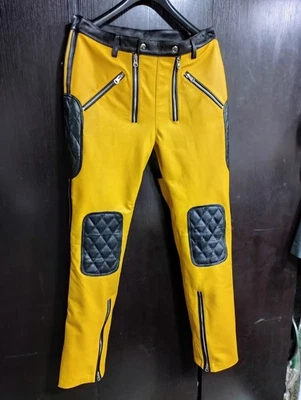 Nouveau pantalon en cuir de motard matelassé jaune pour homme | Pantalon en c... - Photo 1/4
