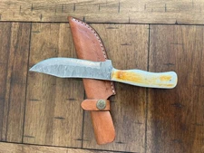 CUSTOM HANDMADE HAMMERED DAMASCUS BURNT BONE HANDLE KNIFE LEATHER SHEATH 112/2