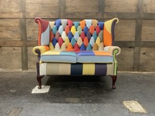 Two Seater Queen Anne Bright Pastel Leather Patchwork Harlequin High Back Sofa
