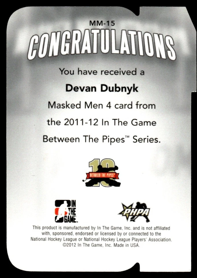 2011-12 In The Game Between Pipes Masked Men Devan Dubnyk #MM-15 - Image 2 of 2