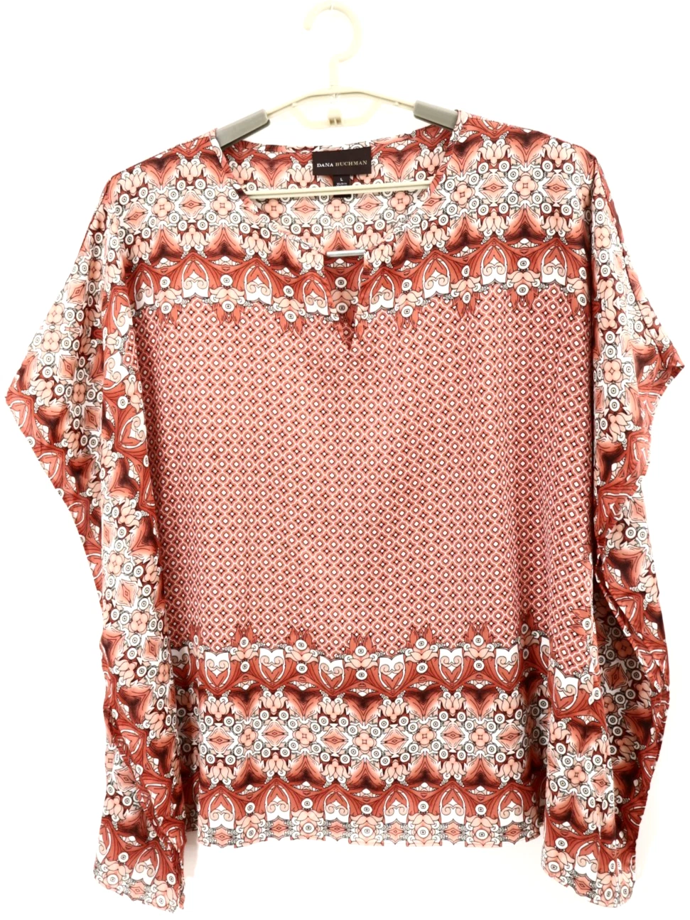 DANA BUCHMAN Women's Polyester Poncho Blouse Short Sleeve Floral Geometric L