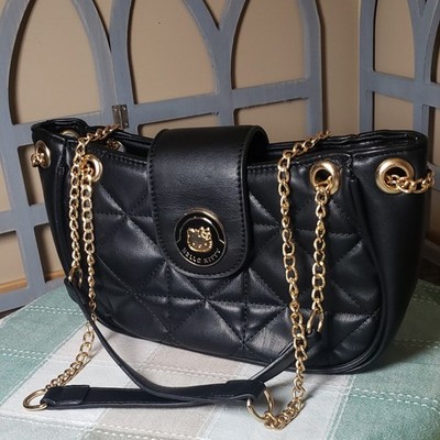 Hello Kitty Black Quilted Shoulder Bag Purse w/ Gold Tone Chain Strap Crossbody