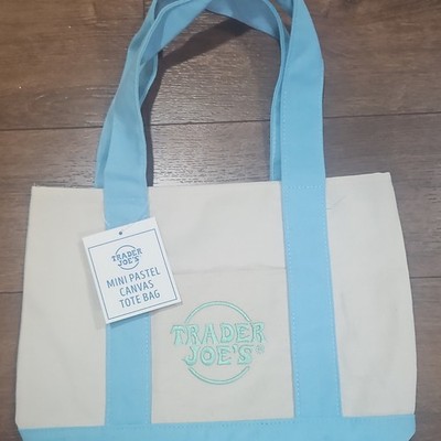Trader Joe's Mini Pastel Canvas Tote Bag Foldable Small Beige Blue Solid Plain