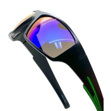 Men's Black Sunglasses With Green Accents Mirrored Blue Lenses Sport Running