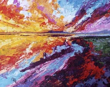 Original Sunset OOAK Oil Painting Landscape Palette knife Artwork Coastal Ocean