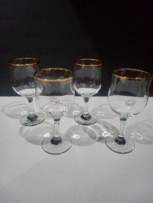 Set of 4 Pasabahce Clear Glass Round Wine Glasses Gold Rim Glossy Finish