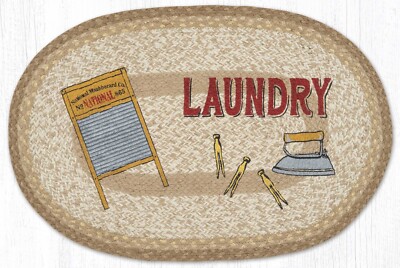 Laundry Rug Braided Jute 20'' x 30'' Rug, Country, Iron Washboard Clothespins