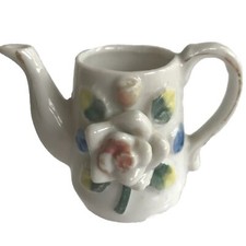 Vintage Miniature Teapot Occupied Japan Raised Floral Leaves White Multicolor