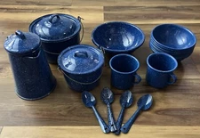 Vintage Watkins Cookware Tableware Camping 25 Piece Set Blue Speckle Enamelware