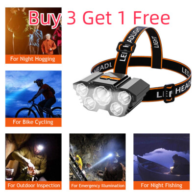 Headlamp 5x LED Super Bright Lumen Rechargeable Head Light Flashlight Torch Lamp