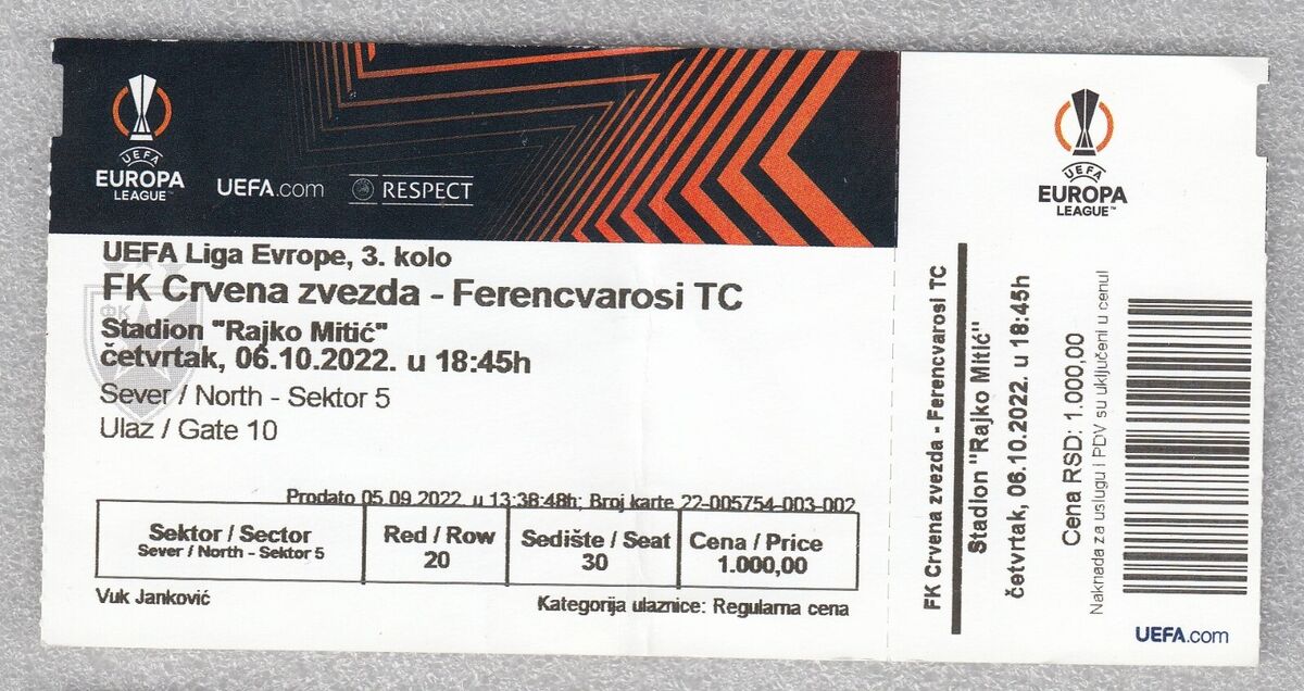 Ticket football FC RED STAR Belgrade vs Ferencvarosi TC UEFA Europa league  2022 