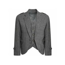 Scottish Gray Tweed Wool Argyle Kilt Jacket With Waistcoat Wedding Argyll Jacket