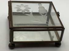 Jewelry Trinket Box Brass Trim Etched Glass Mirrored Bottom Clipping On Back