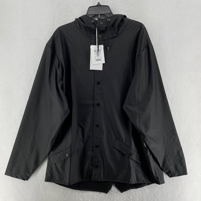 RAINS Jacket NWT Men's Sz XL Black Hooded Raincoat Waterproof Zipper Drawstring