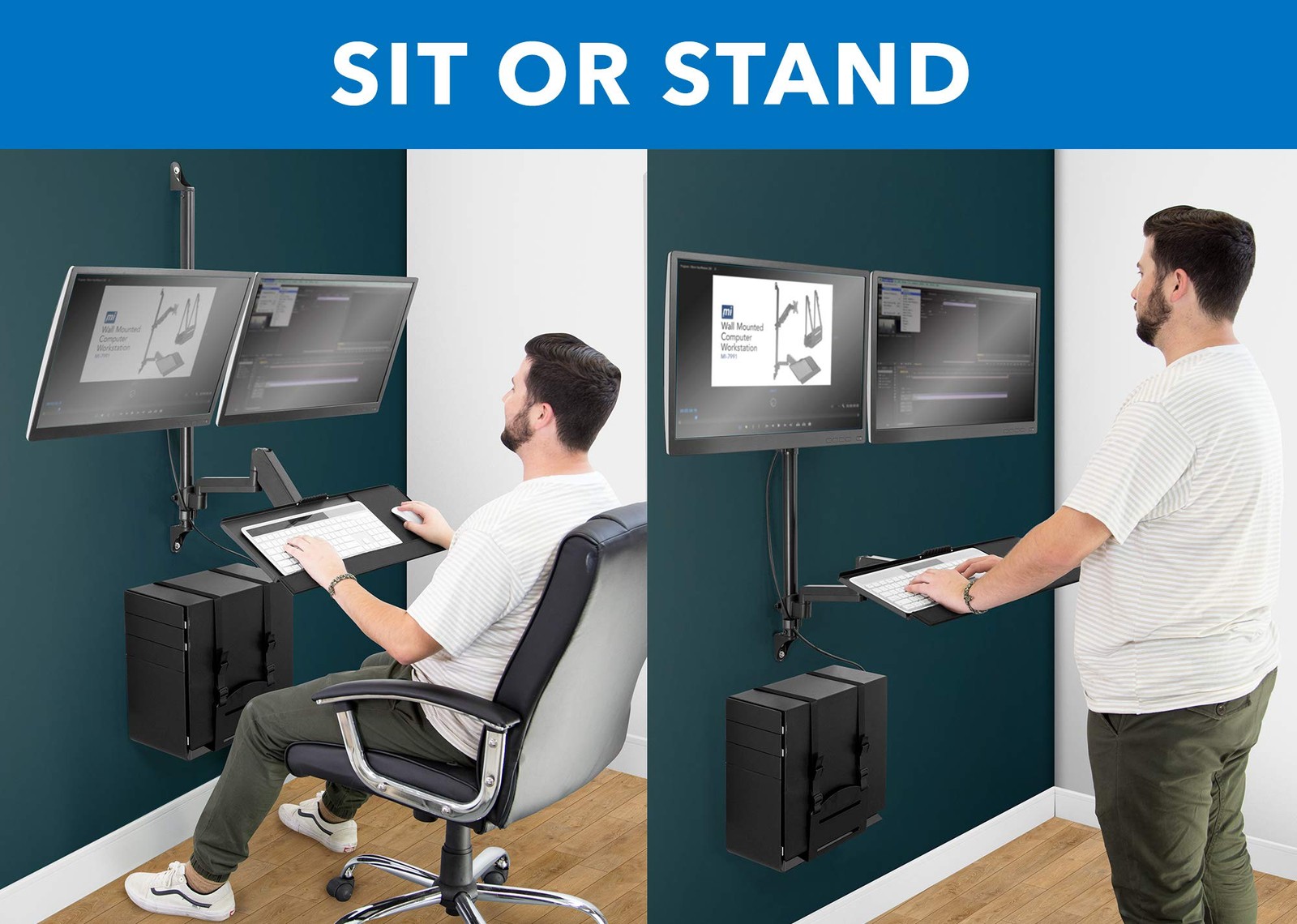 Mount-It! Wall Mount Workstation with Dual Monitor Mount, Keyboard Tray and CPU