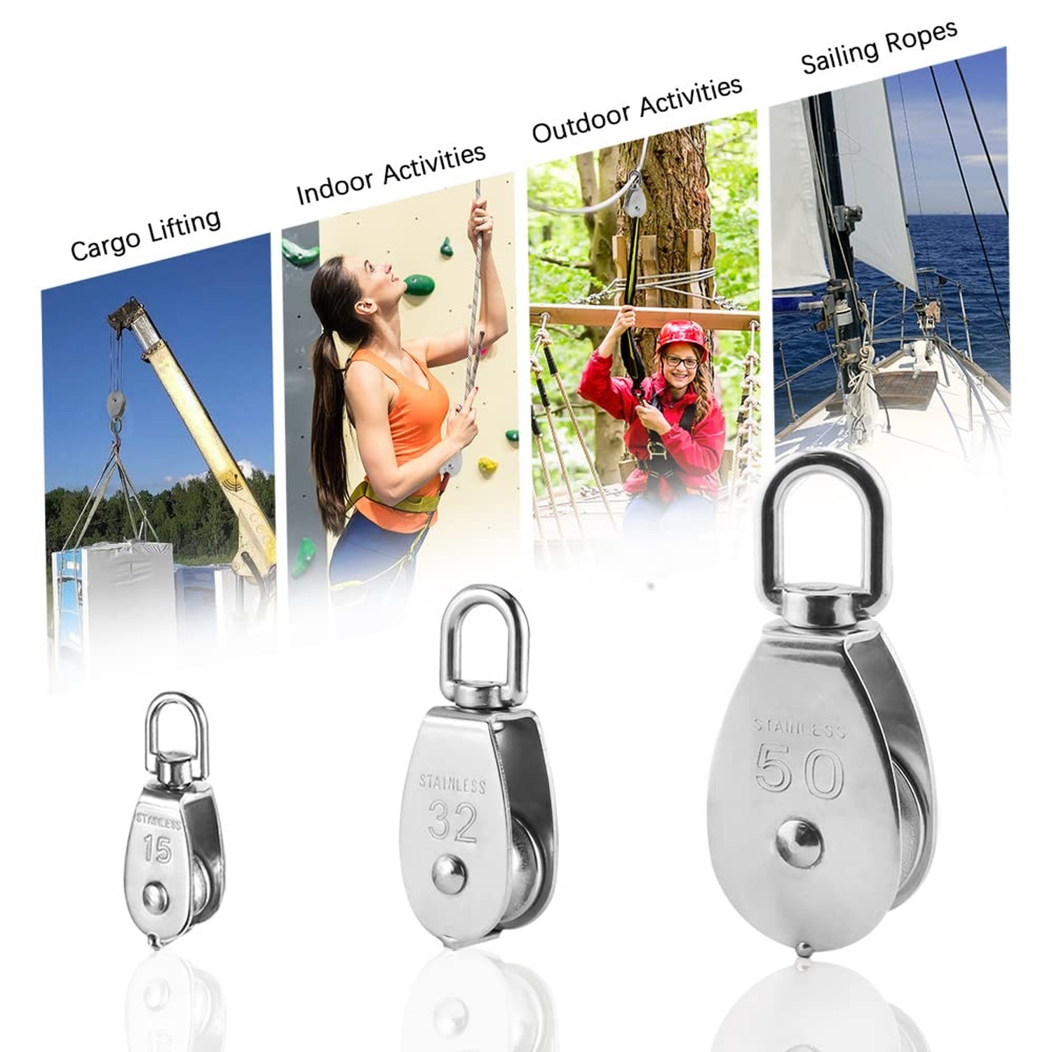 10 PCS M15 Single Pulley Blocks, HMIEPRS 304 Stainless Steel Heavy Duty Rolle...