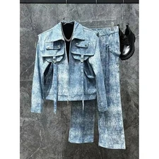 Luxury Men Denim Patchwork Decoration Stylish Short Jacket Straight-Leg 2 Piece