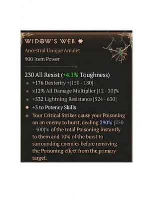 Diablo 4 S13 Widow's Web 1GA 290% Potency Skills Unique Amulet Gear Equipment