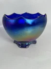 Vintage Imperial Glass Iridescent Cobalt Blue Carnival Glass Four Footed Bowl