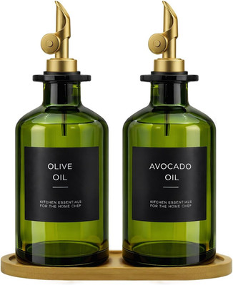 Olive Oil Dispenser Set, 2 X 11.8Oz Deep Green Glass Bottles with