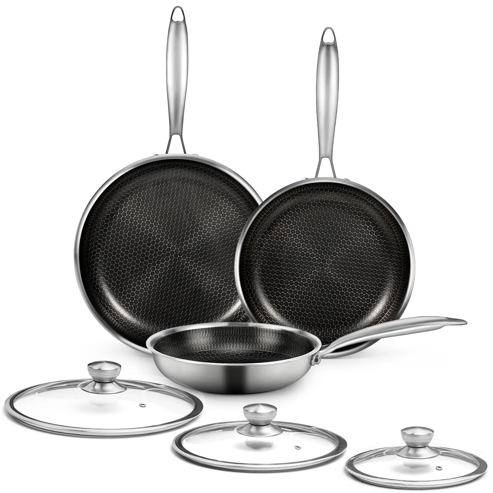 Pan Steel Frying Set 6 Pieces Honeycomb Nonstick Induction CADIVIZZO Stainless