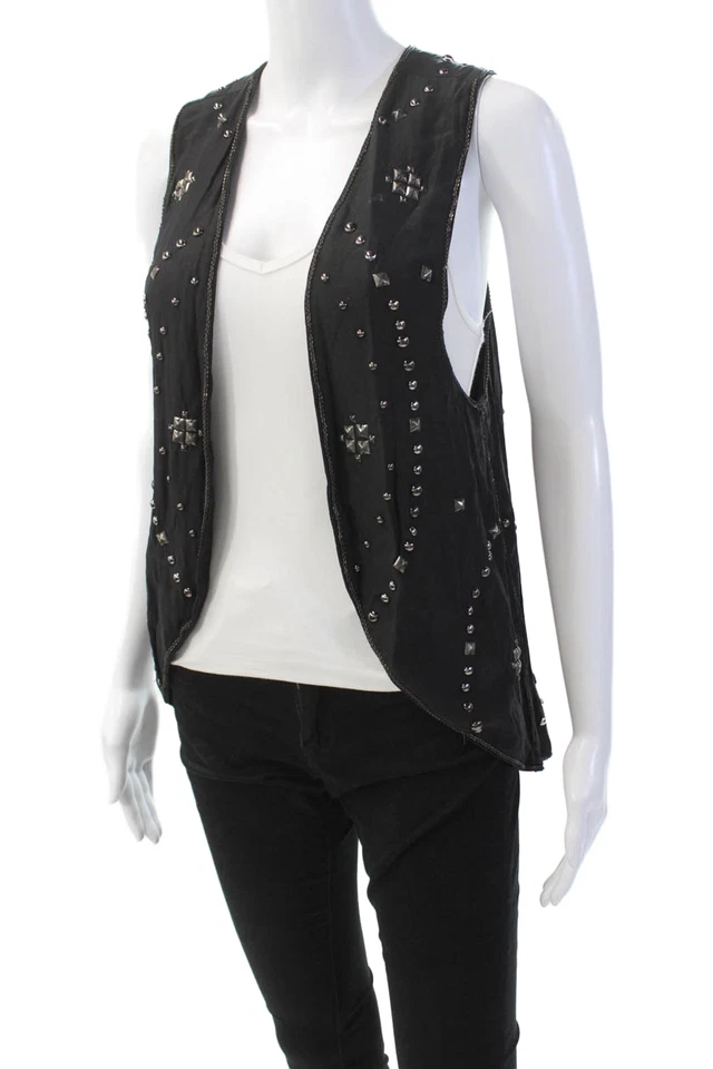 Chaleco Chaqueta Haute Hippie Mujer Abierto Fornt Tachonado Seda Negro Talla Extra Pequeña Foto 2 de 4