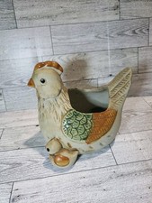 Vtg Clay Ceramic Chicken Hen Chick Planter Gl...