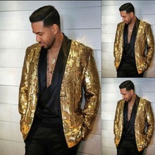 Gold Sequins Men's Jacket Luxury Prom Dinner Party Slim Fit Coat Beading Blazer