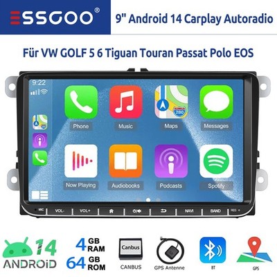9'' Autoradio Carplay 4+64G Android14 RDS GPS Für VW GOLF 5 6 Touran Caddy Passat