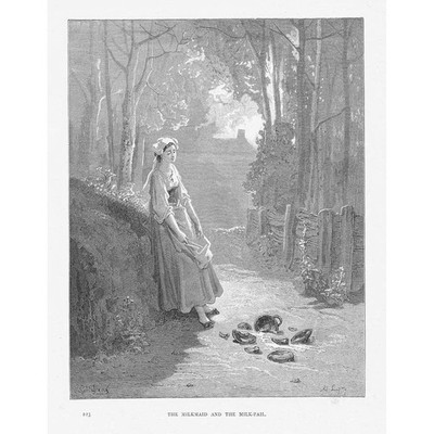 GUSTAVE DORE Milchmädchen & der Milcheimer (La Fontaine Fable) - antiker Druck um 1880