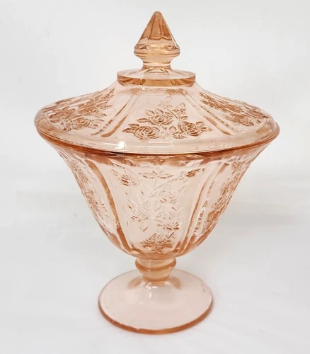 Sharon Cabbage Rose Federal Glass Pink Depression Glass Candy Dish w/ Lid - EXC