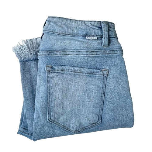 Risen Jeans Damen Größe 5 / 27 Used-Look ausgestelltes Bein Fransensaum helle Waschung Denim - Bild 9 von 9
