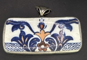 Vintage Chinese Hand Painted Porcelain Shard Sterling Silver  Pendant 3” X 1.5”
