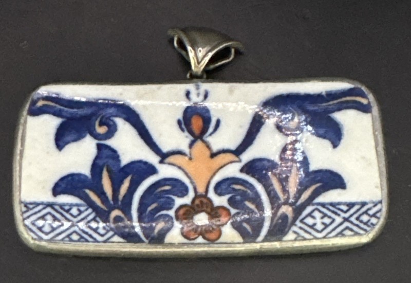 Vintage Chinese Hand Painted Porcelain Shard Sterling Silver  Pendant 3” X 1.5”