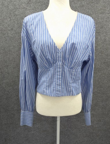 & Other Stories Top Womens 8 Button Up Cropped Long Sleeve Blue Striped
