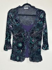 Vintage Devoré Velvet Floral Jacket Top Teal Purple Burnout Ruffle Boho Size 12