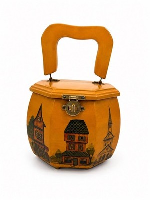 Vintage Wooden Octagon Top Handle Purse Folk Art Village Box Bag Novelty 70s