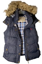 JACK WILLS Quilted Hvy Duck Down Vest-Detachable Faux Fur Hood-Navy w/Plaid-Sz 4