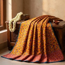 Sanskriti Vintage Saree Yelow Pure Crepe Kani Palla Printed Sari 5.5 Yard Fabric