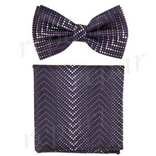 Men Pre-tied Bow Tie  hankie set Herringbone black purple white formal wedding