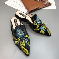 Womens Pointy Toe Slippers Shoes Chic Embroider Floral Flat Heel Mules Slides
