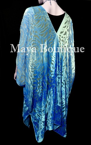 Maya Matazaro Blue Ombre Camellia Burnout Velvet Caftan Kimono Jacket Hand Dyed - Picture 5 of 6