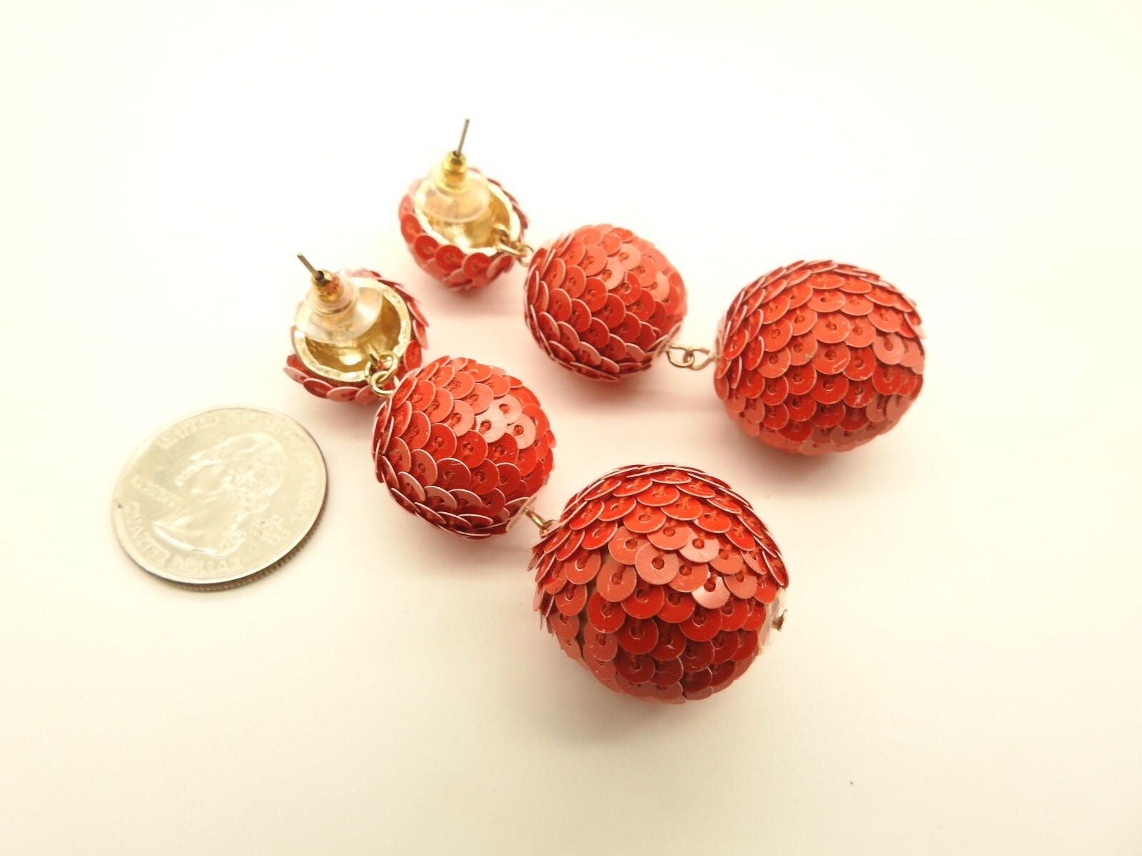 Retro Red Sequin Covered Bead Dangle Pierced Earr… - image 4