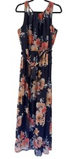 Jessica Howard Elegant Navy Blue All Floral Chiffon MAXI Dress Size 16 Lined