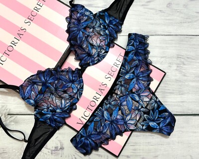 Victoria s Secret Ziggy Floral Embroidery Bra Thong Set Set Black/Blue