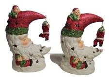 Set Of 2 Vintage Christmas Santa Claus Elves Ceramic Crescent Moon Tealight 6.5"