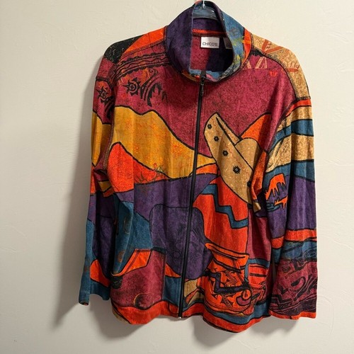Chico's Artsy Boho Geometric Abstract Full Zip Jacket Colorful Southwestern 3