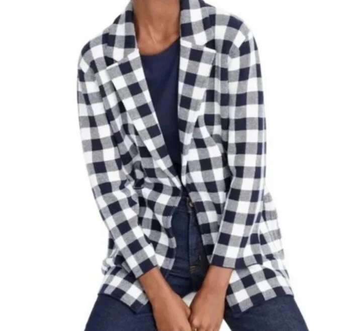 J Crew Sophie Sweater Blazer Size Medium Blue White Gingham Wool