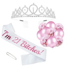 "I'm 21 Bitches" Sash and Rhinestone Tiara Kit, Pink Letter White Birthday Sa...
