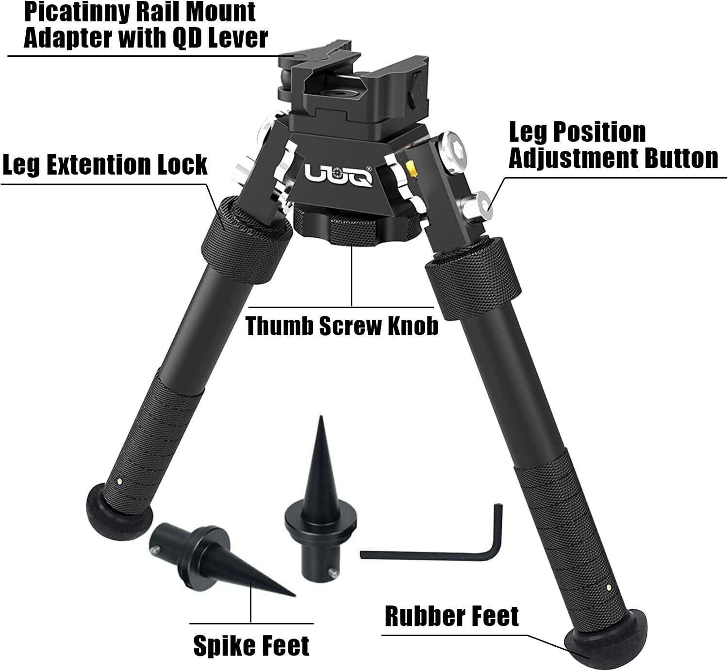 UUQ 8" 12" Adjustable Bipod, Heavy Duty Carbon Fiber Tactical Rifle